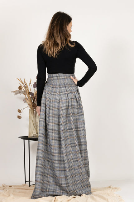 Back view showing the beautiful plaid pattern of Plaid Wool Pleated Skirt with Ultra High Waist and Bow