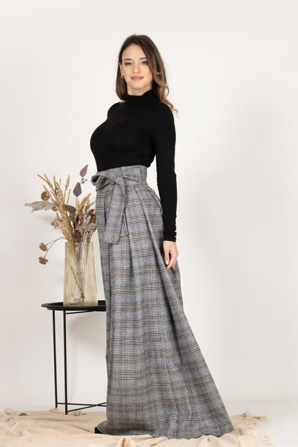 Elegant side view of Plaid Wool Pleated Skirt with Ultra High Waist and Bow