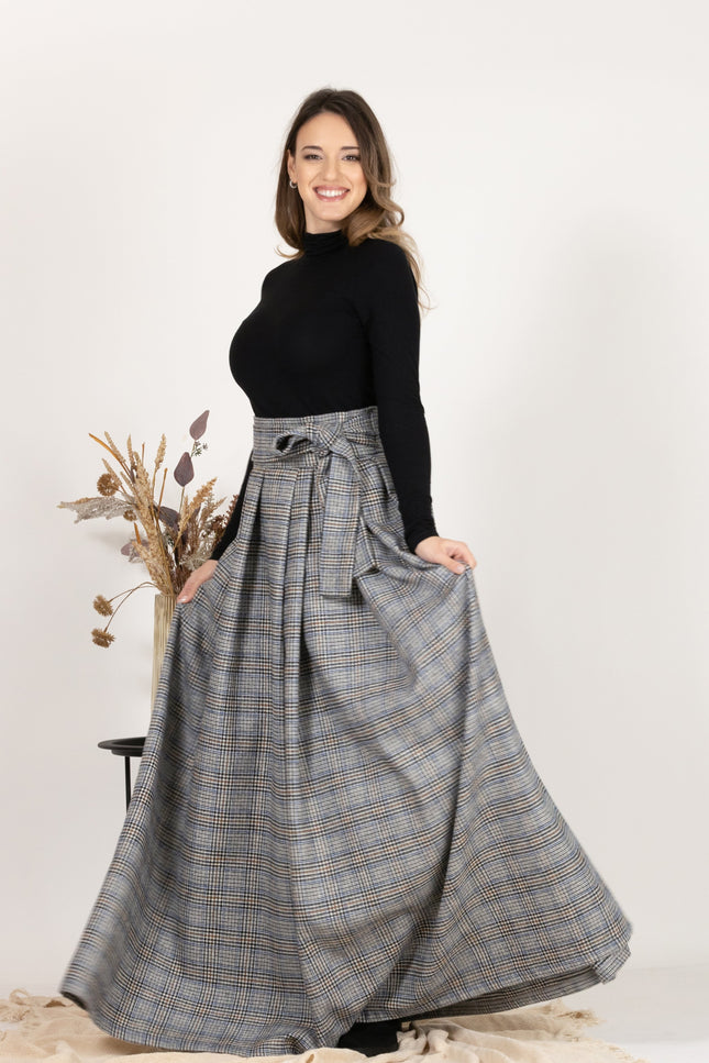 Side view of Plaid Wool Pleated Skirt with Ultra High Waist and Bow