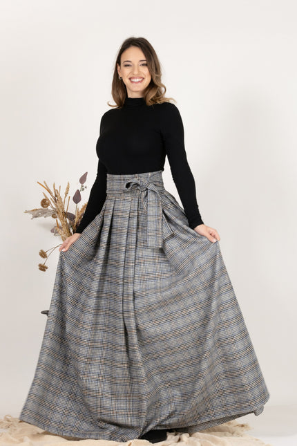 Front view showing the bow detail of Plaid Wool Pleated Skirt with Ultra High Waist and Bow