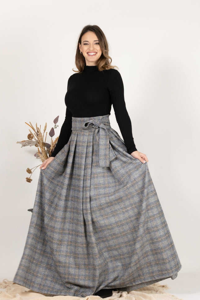 Front view showing the bow detail of Plaid Wool Pleated Skirt with Ultra High Waist and Bow
