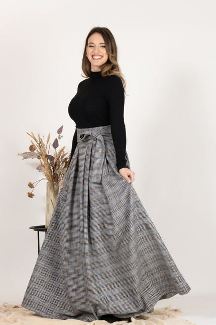 Front view emphasizing the timeless, classic design of Plaid Wool Pleated Skirt with Ultra High Waist and Bow