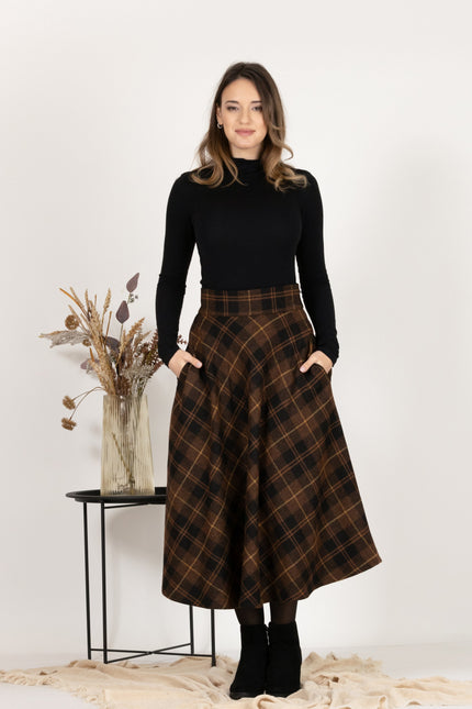 Front view of Midi Wool Plaid Skirt with High Waist and Pockets showcasing classic design