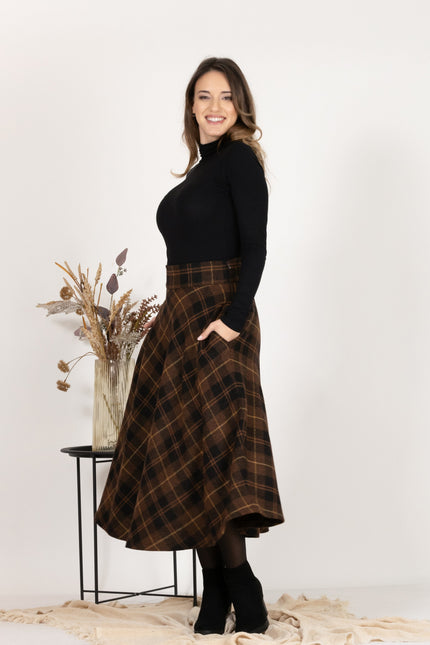 Front view of Midi Wool Plaid Skirt with High Waist and Pockets showcasing the convenient pockets