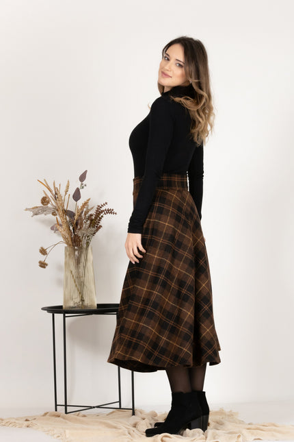 Back view of Midi Wool Plaid Skirt with High Waist and Pockets emphasizing the mid-calf length
