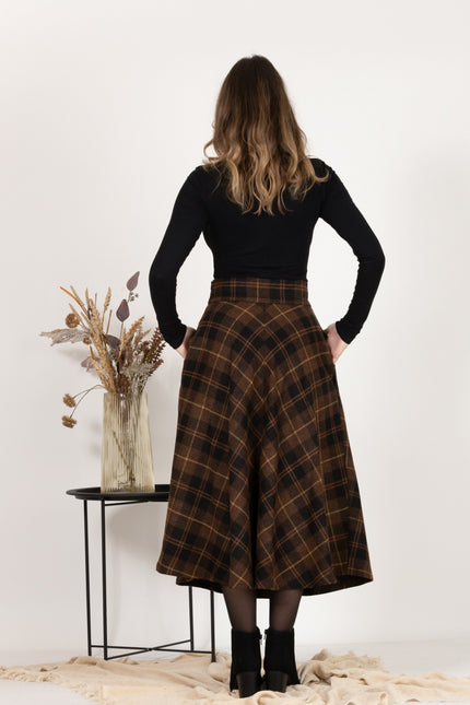 Back view of Midi Wool Plaid Skirt with High Waist and Pockets emphasizing the high-waist