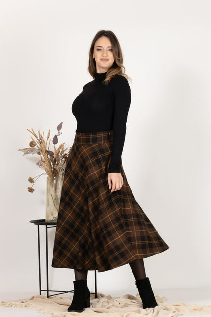 Front view of Midi Wool Plaid Skirt with High Waist and Pockets showcasing the flare and the a-line silhouette