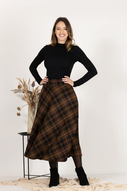 Front View of Midi Wool Plaid Skirt with High Waist and Pockets