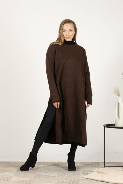 Front view of the Brown Wool Winter Sweater Dress, showcasing the warm, earthy tone and classic crew neckline.