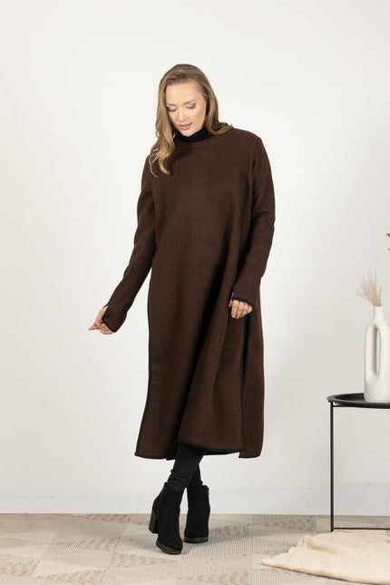 Full-length front view of the Brown Wool Winter Sweater Dress, highlighting the straight silhouette and deep side slits for a chic look.