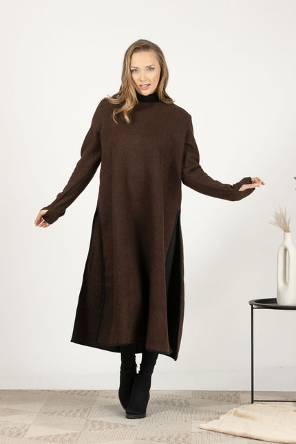 Close-up front view of the Brown Wool Winter Sweater Dress, focusing on the rich texture of the boiled wool and the crew neckline.