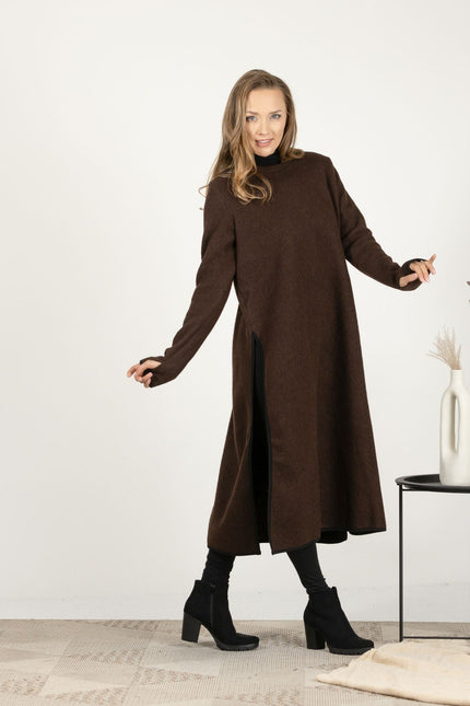 Front view of the Brown Wool Winter Sweater Dress, emphasizing the stylish side slits and comfortable, relaxed fit.