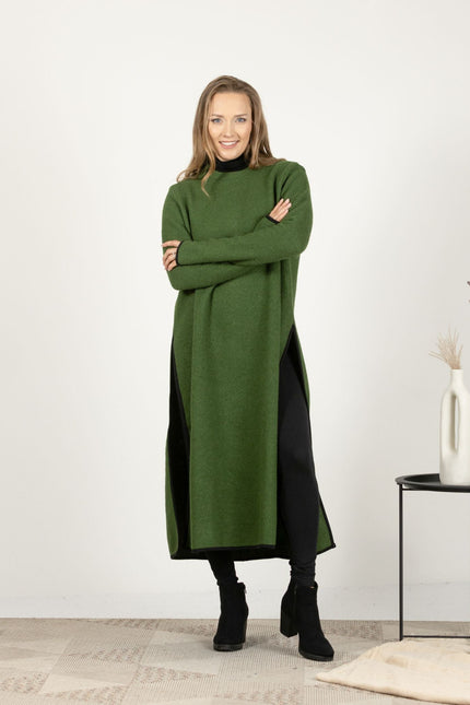 Front view of the Forest Green Wool Winter Sweater Dress, showcasing the rich green color and the classic crew neckline for a timeless look.