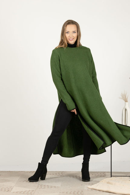 Close-up front view of the Forest Green Wool Winter Sweater Dress, focusing on the luxurious texture of the boiled wool fabric and the rich green hue.