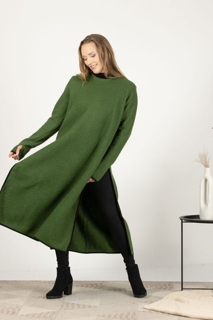 Front view of the Forest Green Wool Winter Sweater Dress, emphasizing the stylish side slits and the deep, sophisticated green color.