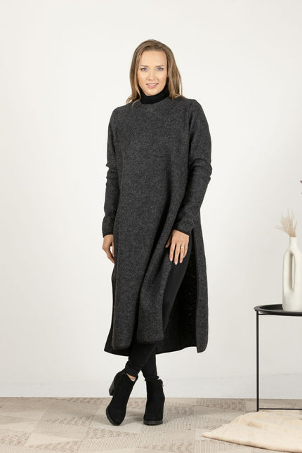 Front view of the Charcoal Wool Winter Sweater Dress, showcasing the deep, neutral tone and the classic crew neckline.