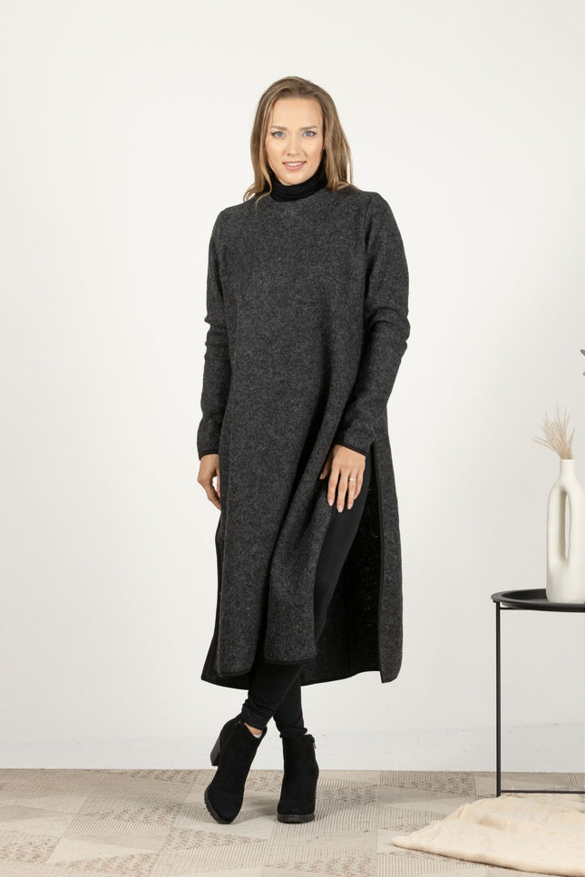 Front view of the Charcoal Wool Winter Sweater Dress, showcasing the deep, neutral tone and the classic crew neckline.