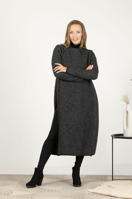 Full-length front view of the Charcoal Wool Winter Sweater Dress, highlighting the straight silhouette and mid-calf length.