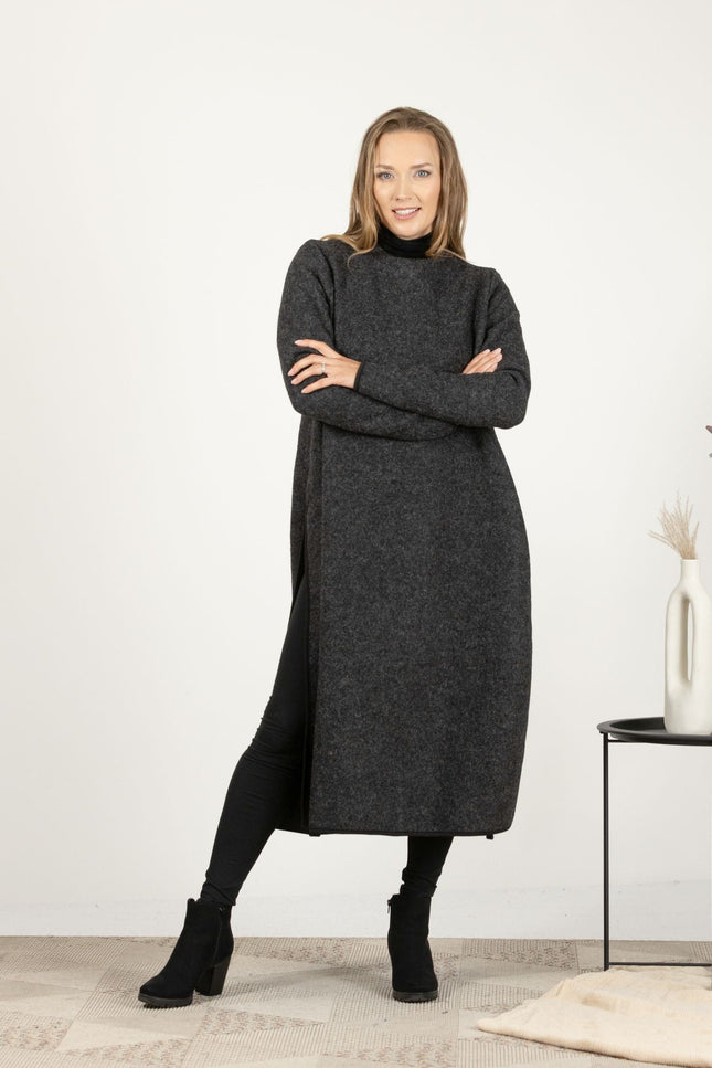 Full-length front view of the Charcoal Wool Winter Sweater Dress, highlighting the straight silhouette and mid-calf length.