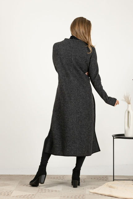 Back view of the Charcoal Wool Winter Sweater Dress, showcasing the timeless design and the flattering straight silhouette.