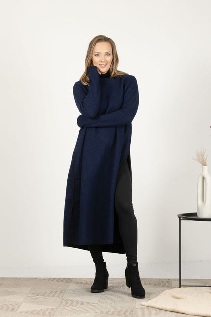 Front view of the Dark Blue Wool Winter Sweater Dress, emphasizing the elegant side slits and the deep, sophisticated blue tone.
