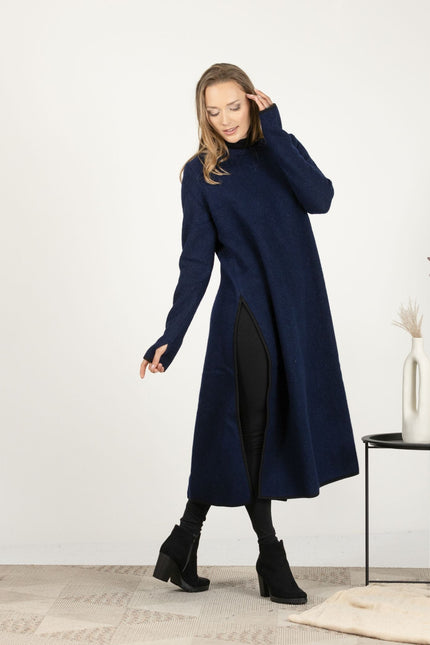 Full-length front view of the Dark Blue Wool Winter Sweater Dress, highlighting the straight silhouette and deep side slits.