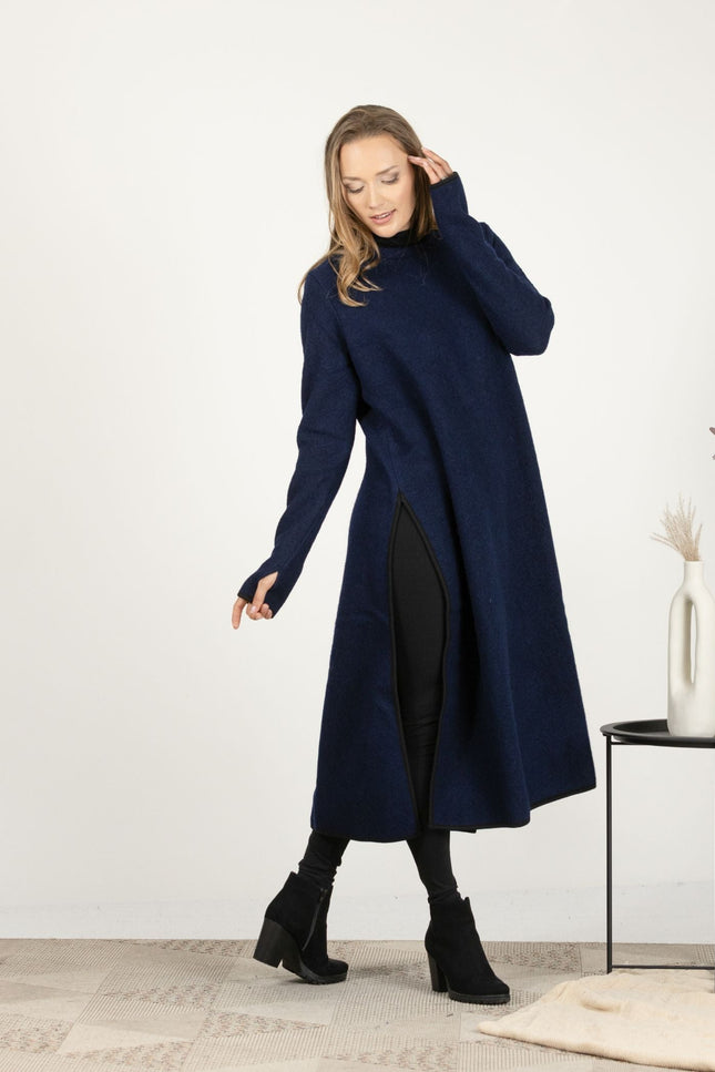 Full-length front view of the Dark Blue Wool Winter Sweater Dress, highlighting the straight silhouette and deep side slits.
