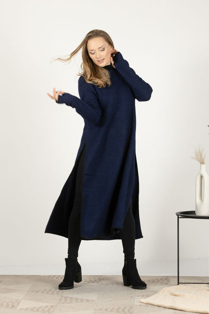 Close-up front view of the Dark Blue Wool Winter Sweater Dress, focusing on the fine boiled wool texture and the crew neckline.