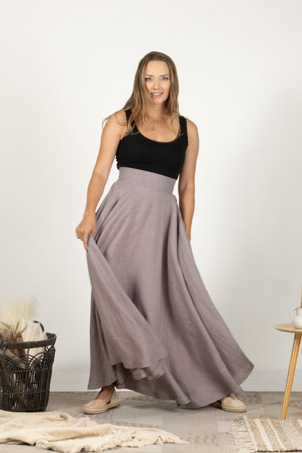 Front image of the Linen Flutter Skirt on model, showing the skirt's elegant lines and comfortable fit.