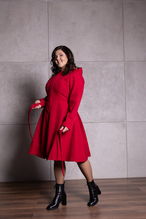 RainSisters | Fitted and Flared Coat with Pleated Back in Deep Red 'Scarlet Red'