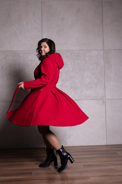 RainSisters | Fitted and Flared Coat with Pleated Back in Deep Red 'Scarlet Red'