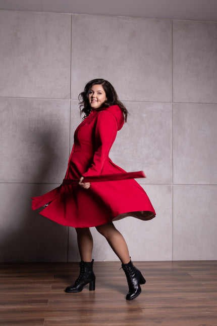 dark red coat with hood and belt