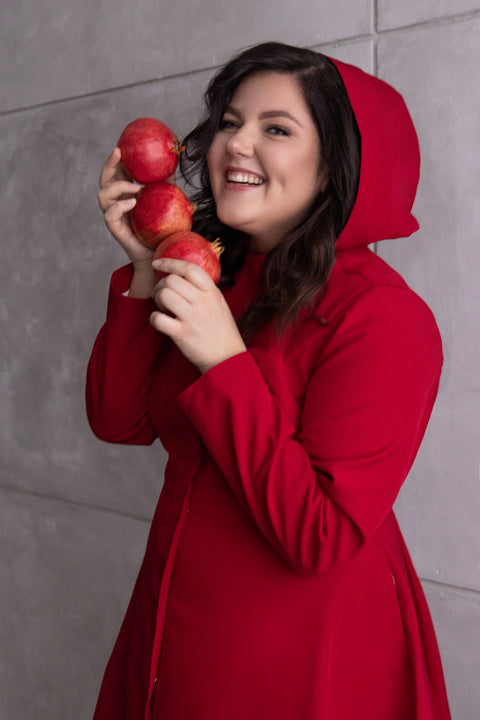 RainSisters | Fitted and Flared Coat with Pleated Back in Deep Red 'Scarlet Red'