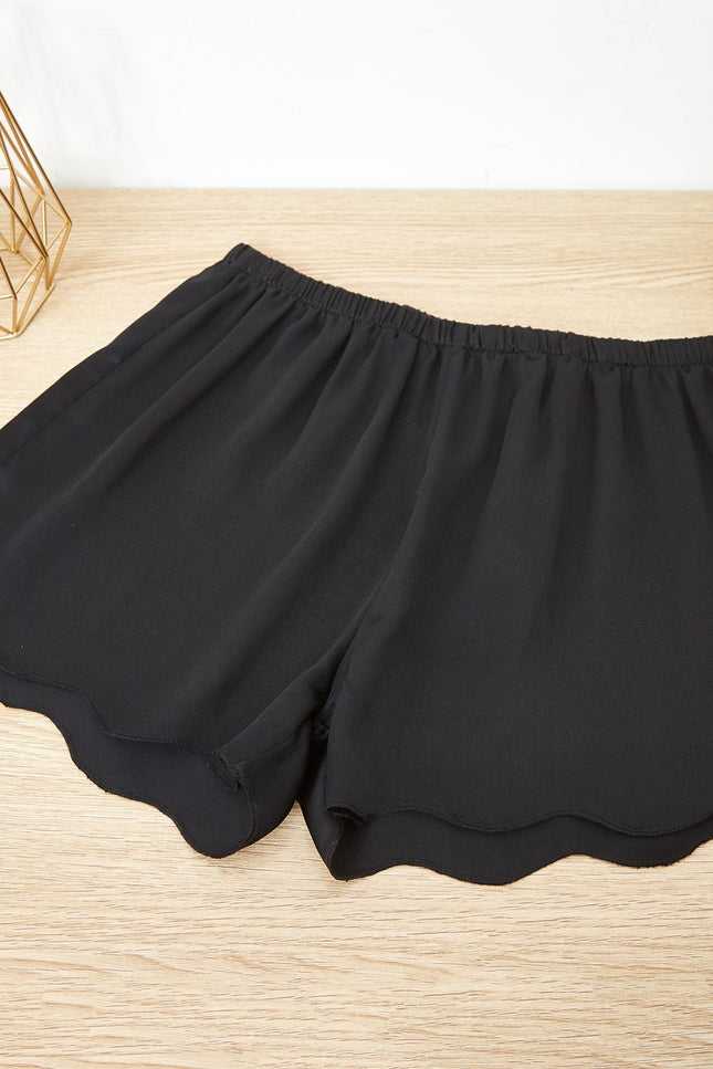 Soft Strokes Silk | Black Scallop Edged Pyjamas Shorts