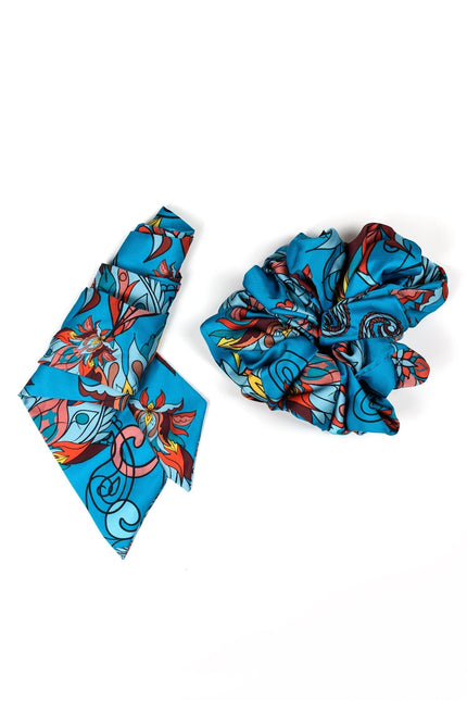Janara Jones | Blue Floral Paisley Satin Twilly & Scrunchie Set