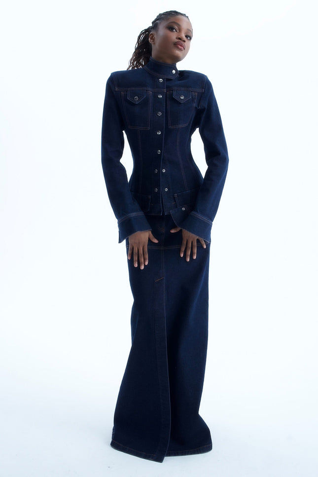 Ramune Piekautaite I DENIM HIGH-COLLAR JACKET DARK BLUE