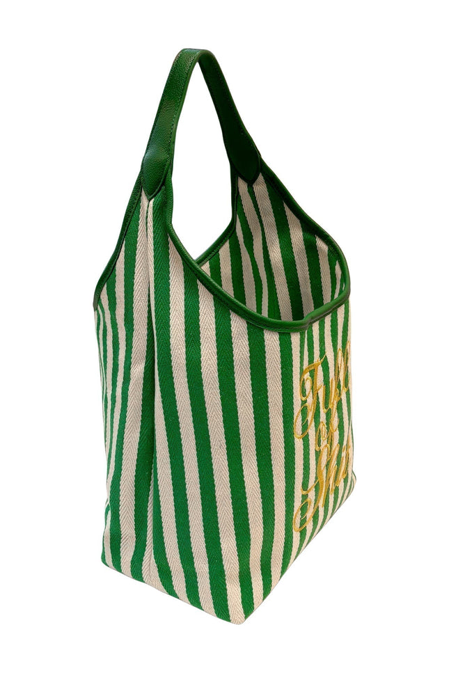 Lilly Loves green beach handbag with "Full Of Shit" print, stylish tote bag for beach and casual outings.