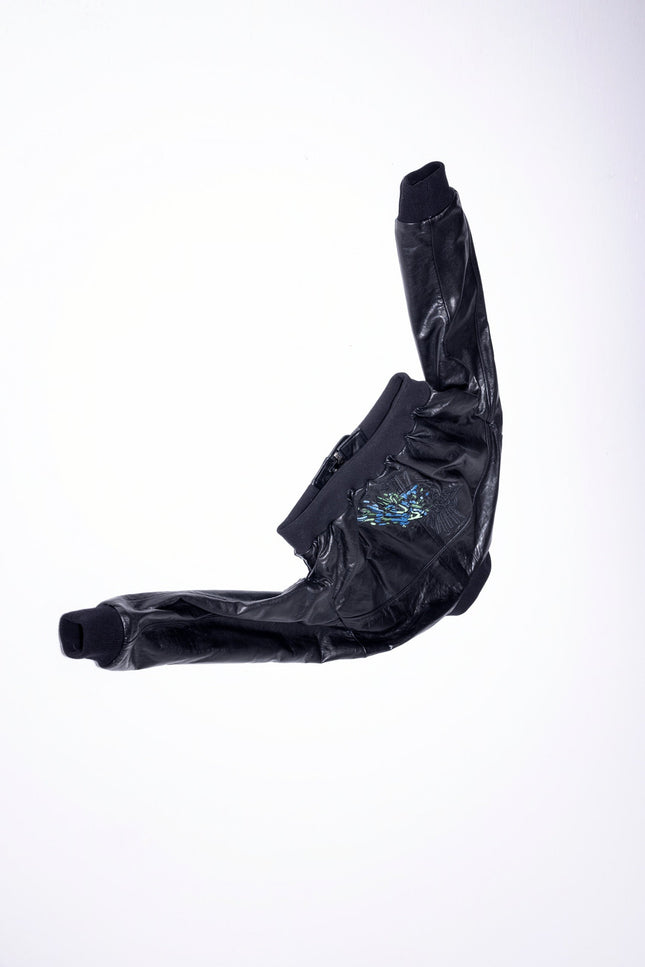 Pica Noir | Pyrha Bird Embroidered Leather Bomber Jacket
