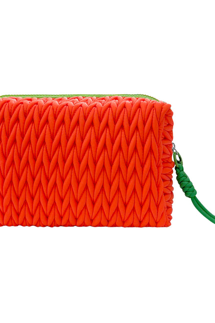 Lillyloves squishy orange makeup bag, soft fabric wash bag with zipper closure, designed for storing cosmetics and toiletries.