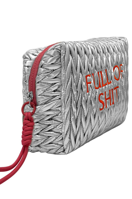 Silver LillyLovesLTD full of shit cosmetic bag, a stylish wash bag with bold text design and spacious interior for toiletries.