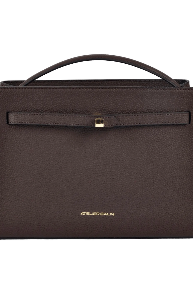 Brown handbag with a visible brand logo on a white background