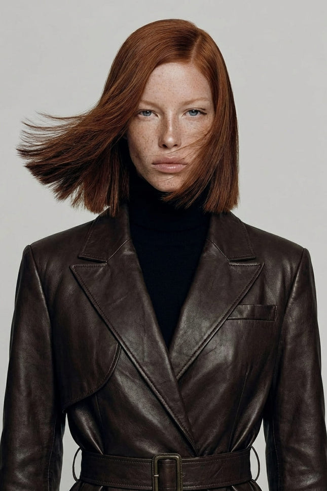 Woman wearing a brown leather coat against a plain background
