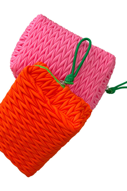 Lillyloves squishy orange makeup bag, soft fabric wash bag with zipper closure, designed for storing cosmetics and toiletries.