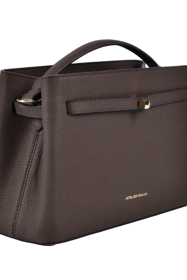 Brown handbag with gold cube lock buckle on a white background