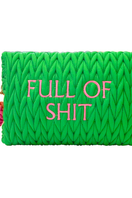 Green LillyLovesLTD full-of-shit cosmetic bag, soft fabric wash bag with bold printed design and zipper closure.