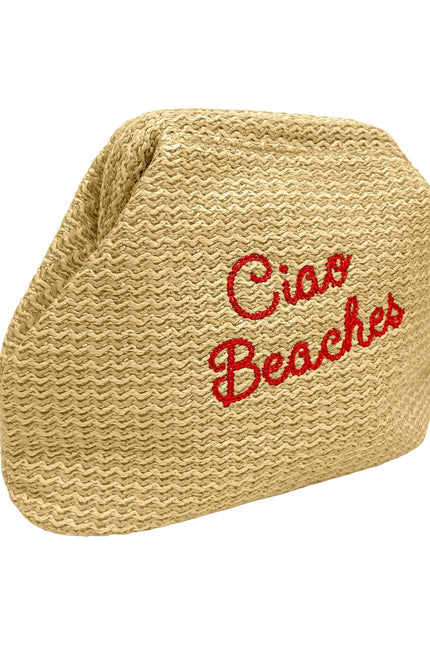 Lilly Loves Ciao Beaches clutch pouch with colorful embroidery, perfect for accessories or essentials.