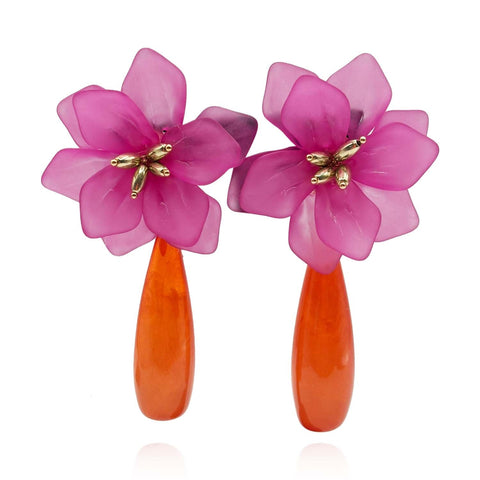 Michael Nash Jewelry | Fuschia Resin Floral Clip On Earring With Orange Drop