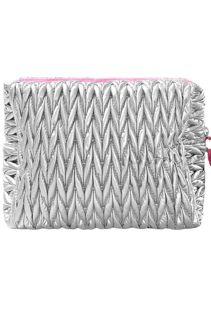 Silver squishy makeup bag by Lillyloves, soft and portable wash bag with a rounded, plush design for cosmetics storage.