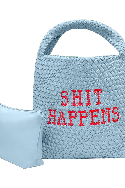 Lilly Loves Shit Happens bucket handbag with leather strap and printed fabric body, stylish accessory for casual or evening wear.