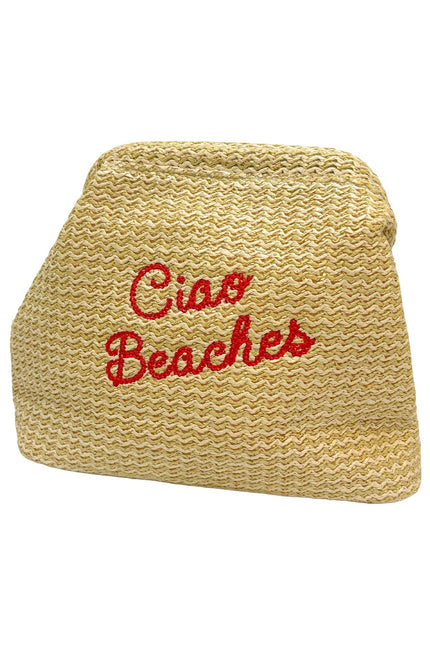 Lilly Loves Ciao Beaches clutch pouch with colorful embroidery, perfect for accessories or essentials.